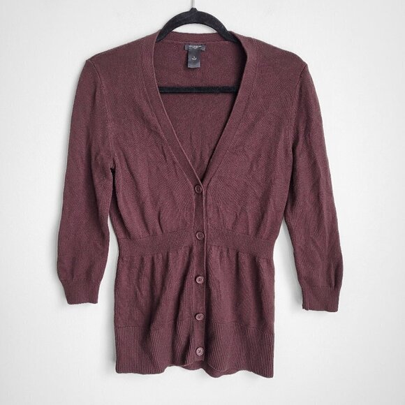 Ann Taylor Brown Wool Blend V-Neck Button Front Ribbed Cuff Sleeves Cardigan - Picture 1 of 8